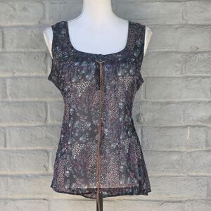Mossimo Supply Co Vintage Y2K Sheer Floral Tank Blouse Faux Suede Tie Accents L